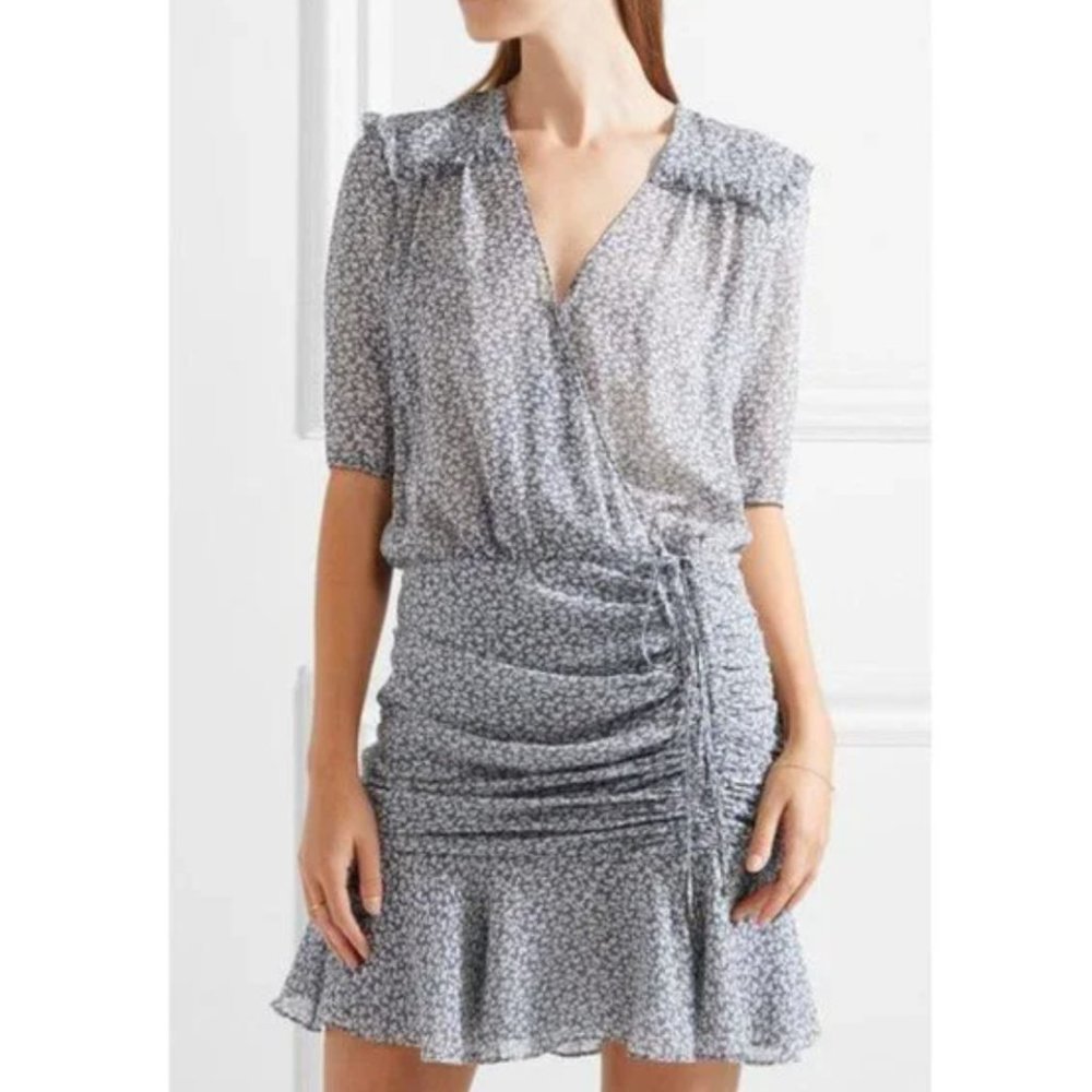 Veronica Beard Blue/Gray Floral Dakota Ruched Silk Dress Sz XS/2
